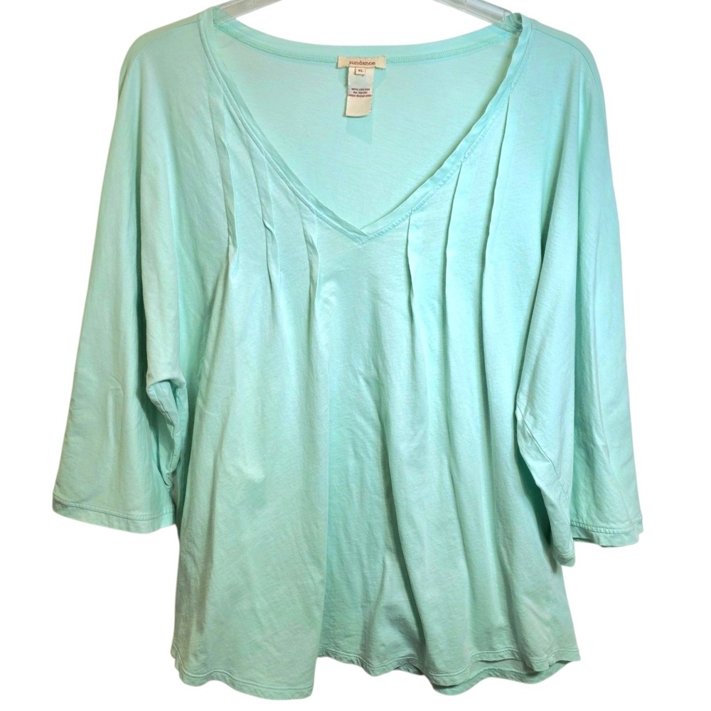 Sundance V-Neck Top Pleated 3/4 Roll-tab Sleeve Shirt Large Mint Green Cotton